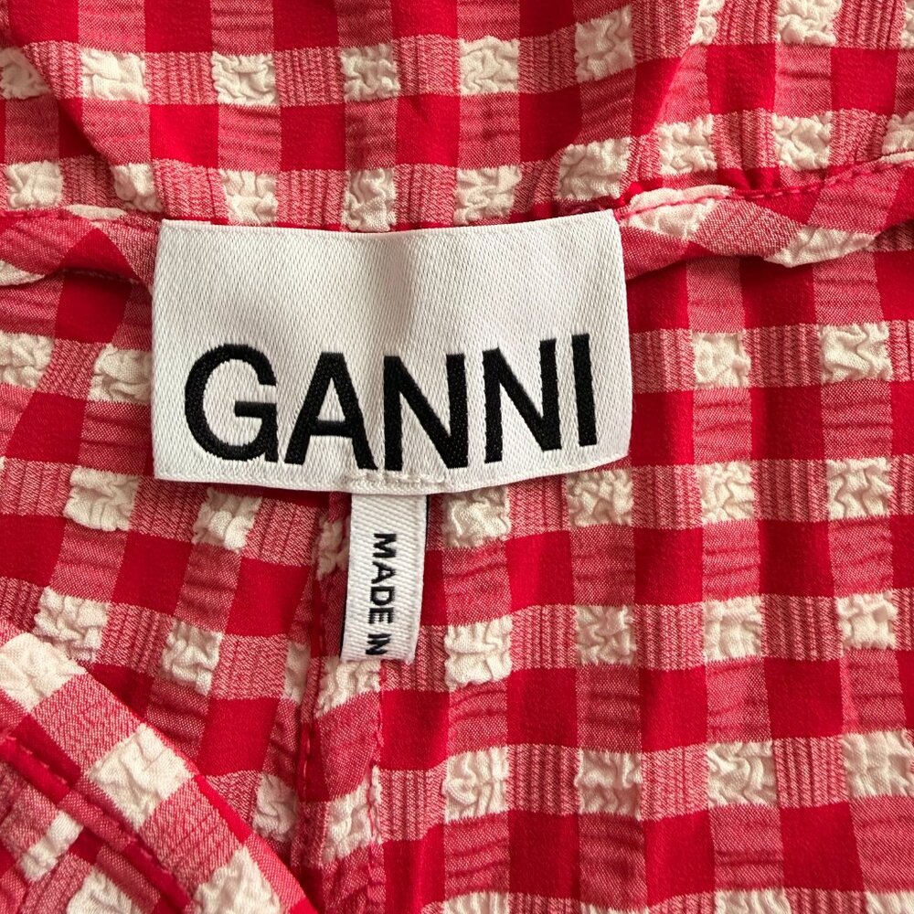 Ganni Stretch Seersucker Cropped Pink Gingham Pants - Picture 4 of 6